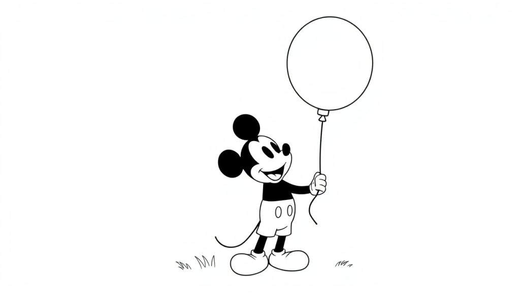 Mickey Mouse coloring panel holding a balloon.