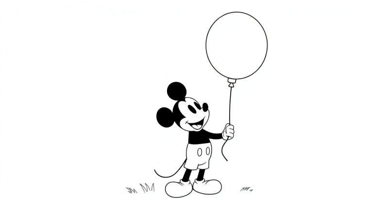 Mickey Mouse coloring panel holding a balloon.