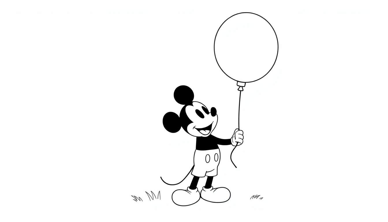 Mickey Mouse coloring panel holding a balloon.