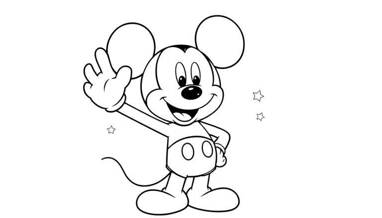 A black and white color panel of Mickey Mouse waving hello with a cheerful smile and stars near his hands and shoulder.