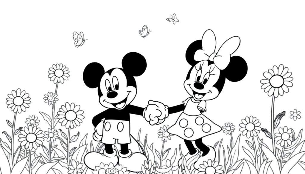 Mickey and Minnie Mouse holding hands in a daisy field, black and white color panel.