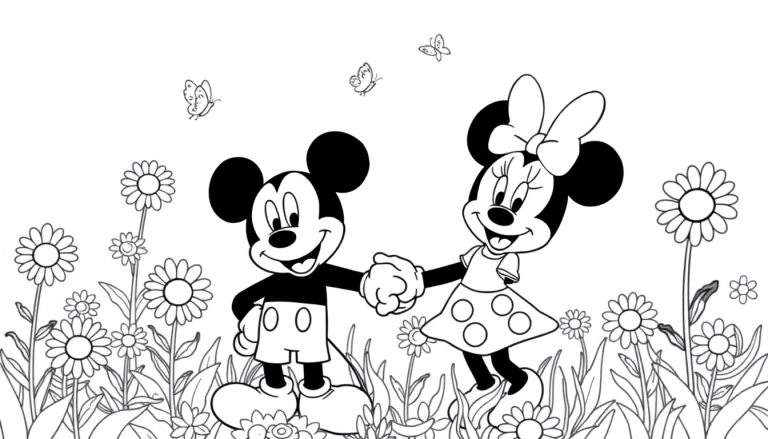 Mickey and Minnie Mouse holding hands in a daisy field, black and white color panel.