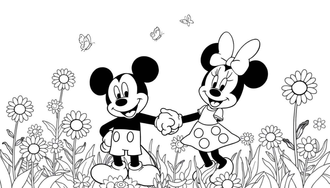 Mickey and Minnie Mouse holding hands in a daisy field, black and white color panel.