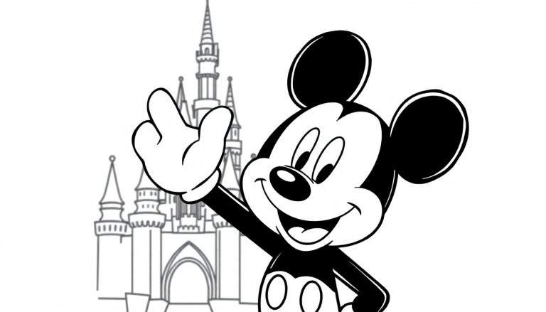 A cute black and white coloring panel of Mickey Mouse waving hello in front of Cinderella Castle.