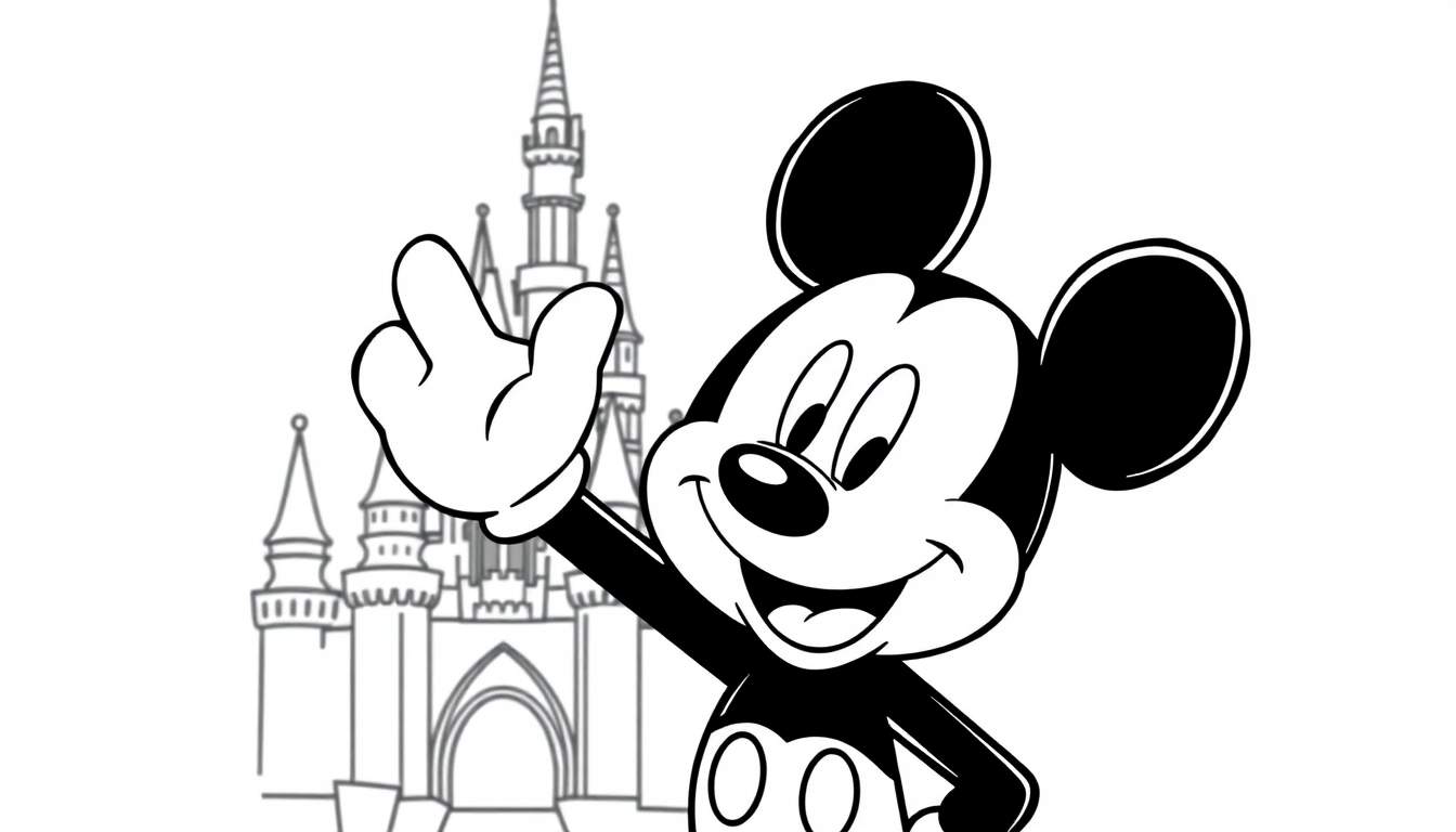 A cute black and white coloring panel of Mickey Mouse waving hello in front of Cinderella Castle.