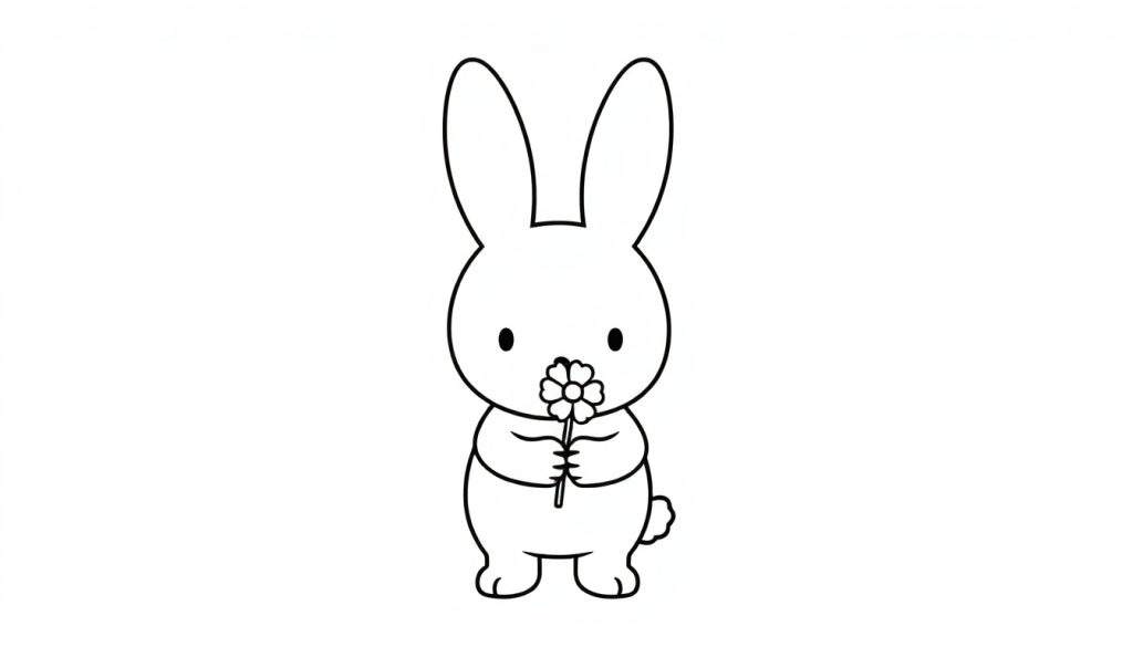 Cute black and white Miffy the bunny illustration, a delightful color panel for kids to enjoy coloring, holding a flower.