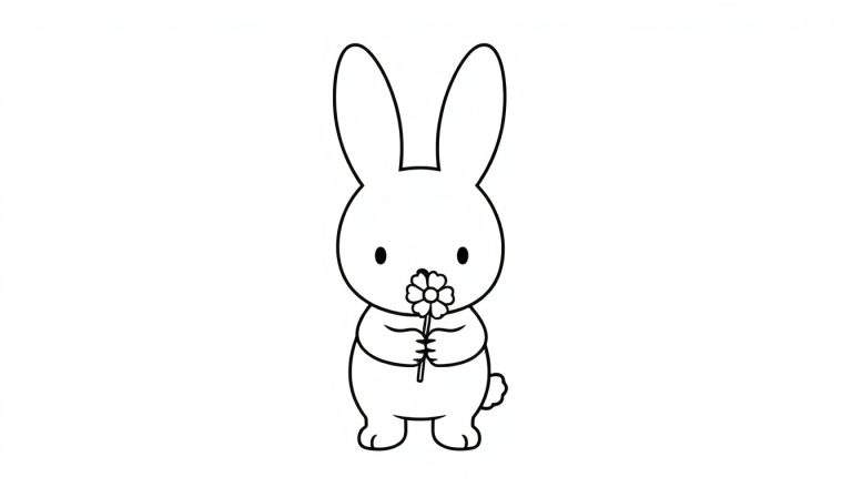 Cute black and white Miffy the bunny illustration, a delightful color panel for kids to enjoy coloring, holding a flower.