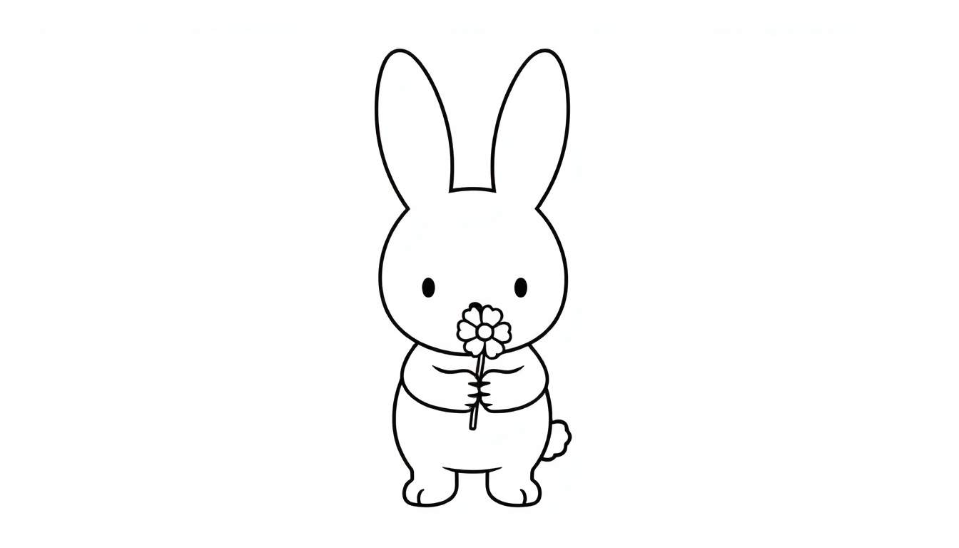 Cute black and white Miffy the bunny illustration, a delightful color panel for kids to enjoy coloring, holding a flower.