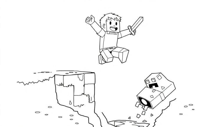 A Minecraft coloring page featuring Steve and a Creeper.