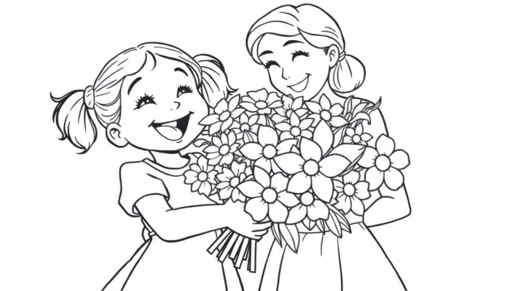 A mother and daughter hugging in a black and white color panel, with the daughter holding a bouquet of flowers.