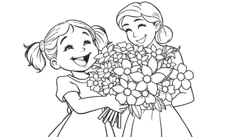 A mother and daughter hugging in a black and white color panel, with the daughter holding a bouquet of flowers.