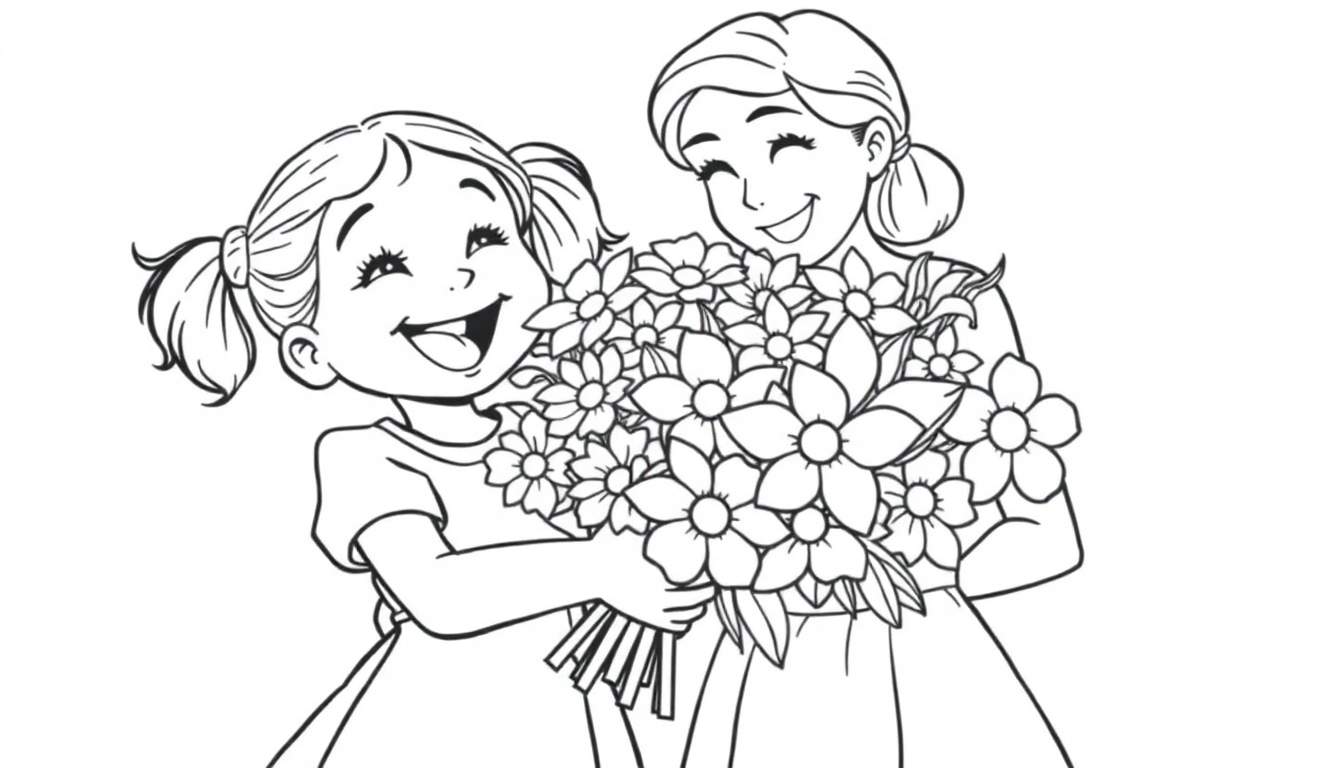A mother and daughter hugging in a black and white color panel, with the daughter holding a bouquet of flowers.