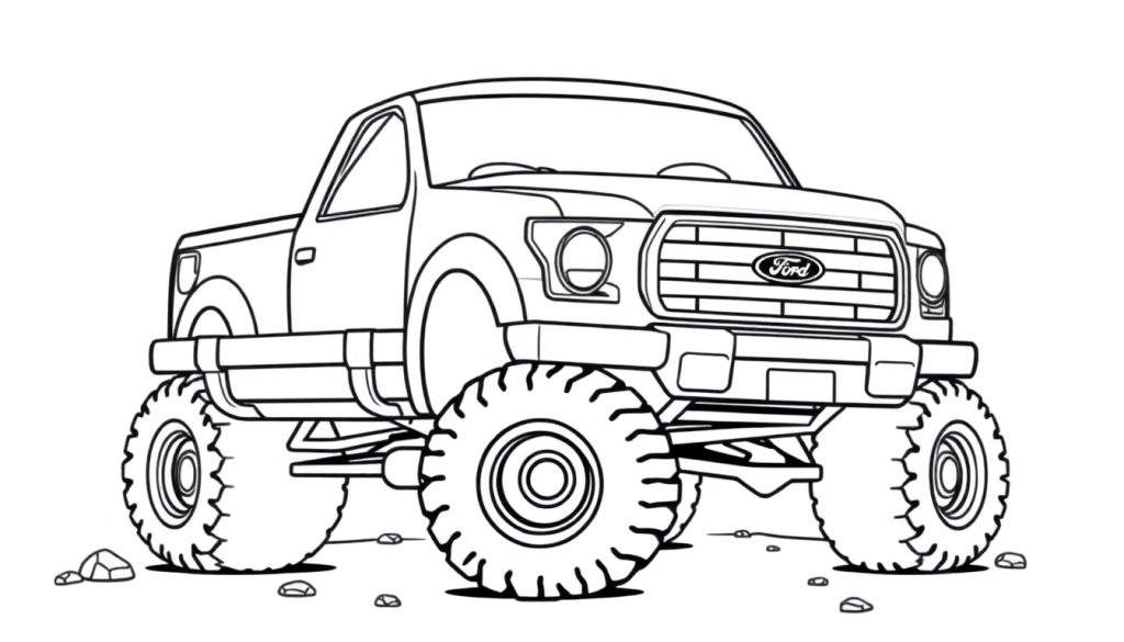 A friendly Ford F-150 monster truck coloring panel, ready for adventure!