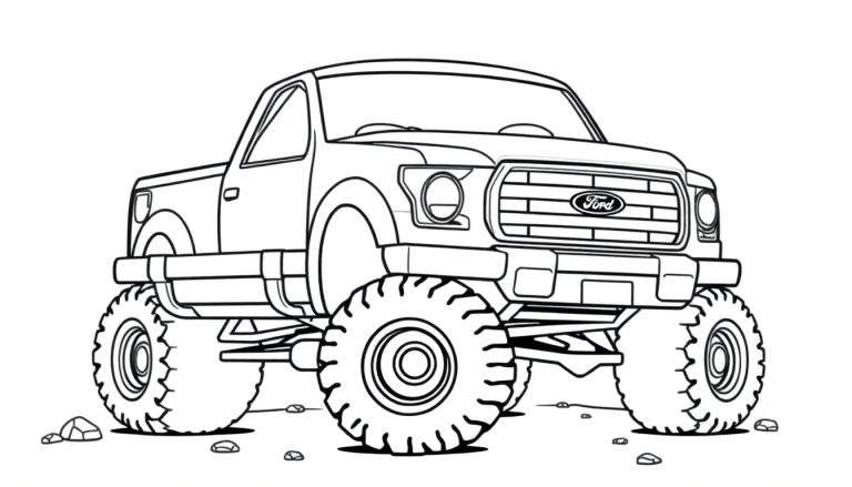 A friendly Ford F-150 monster truck coloring panel, ready for adventure!