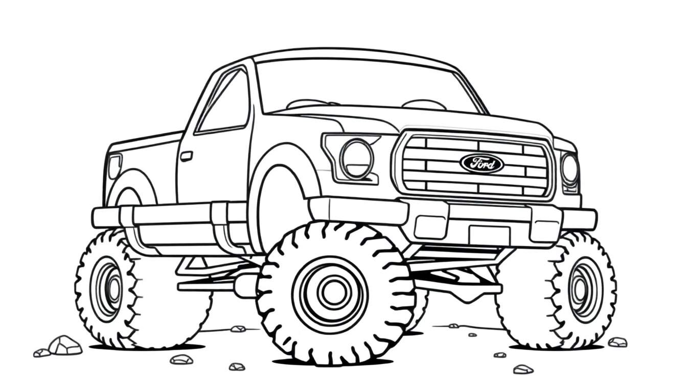 A friendly Ford F-150 monster truck coloring panel, ready for adventure!