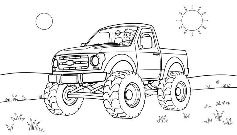 A friendly monster truck coloring page with a smiling driver, big wheels, and a sun and moon in the sky.