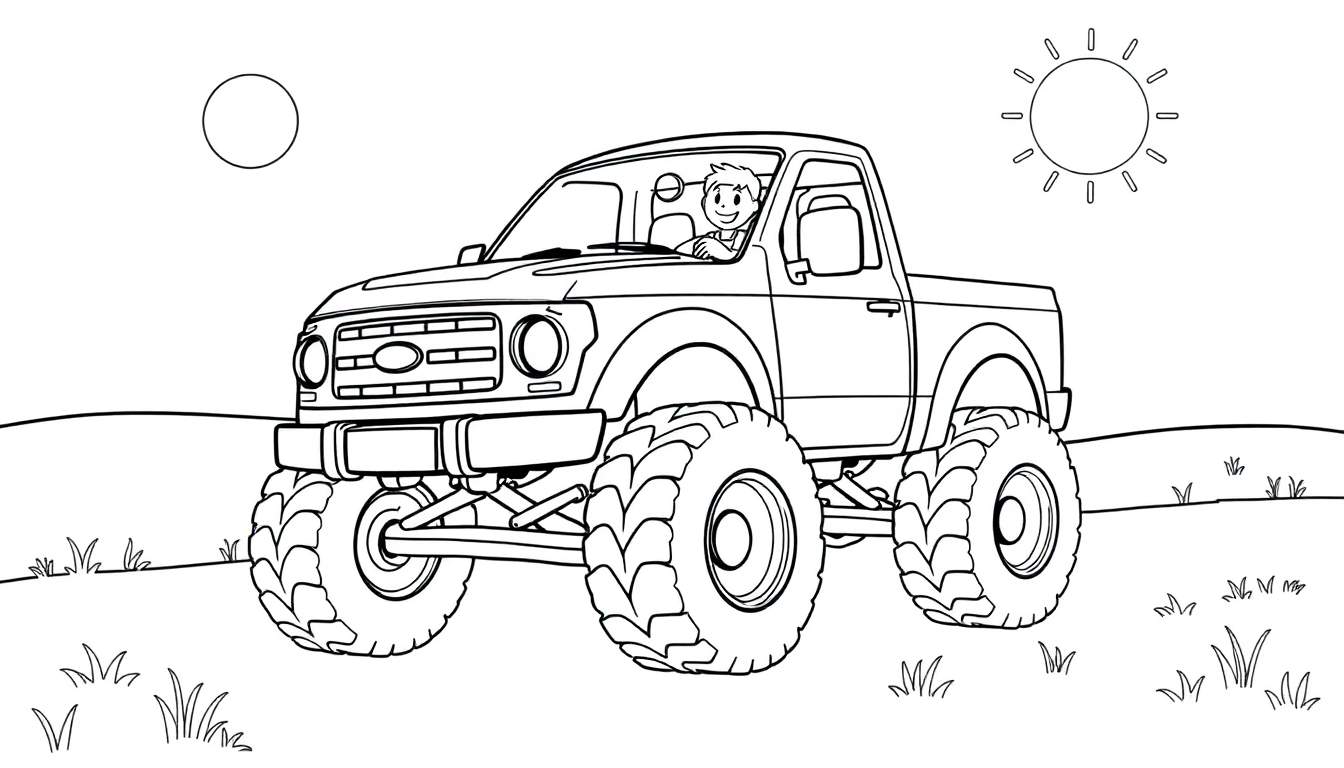 A friendly monster truck coloring page with a smiling driver, big wheels, and a sun and moon in the sky.
