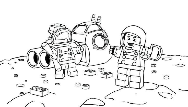 A happy Lego astronaut on the moon holding a camera, with a spaceship and another astronaut nearby, ready for coloring in this color panel.