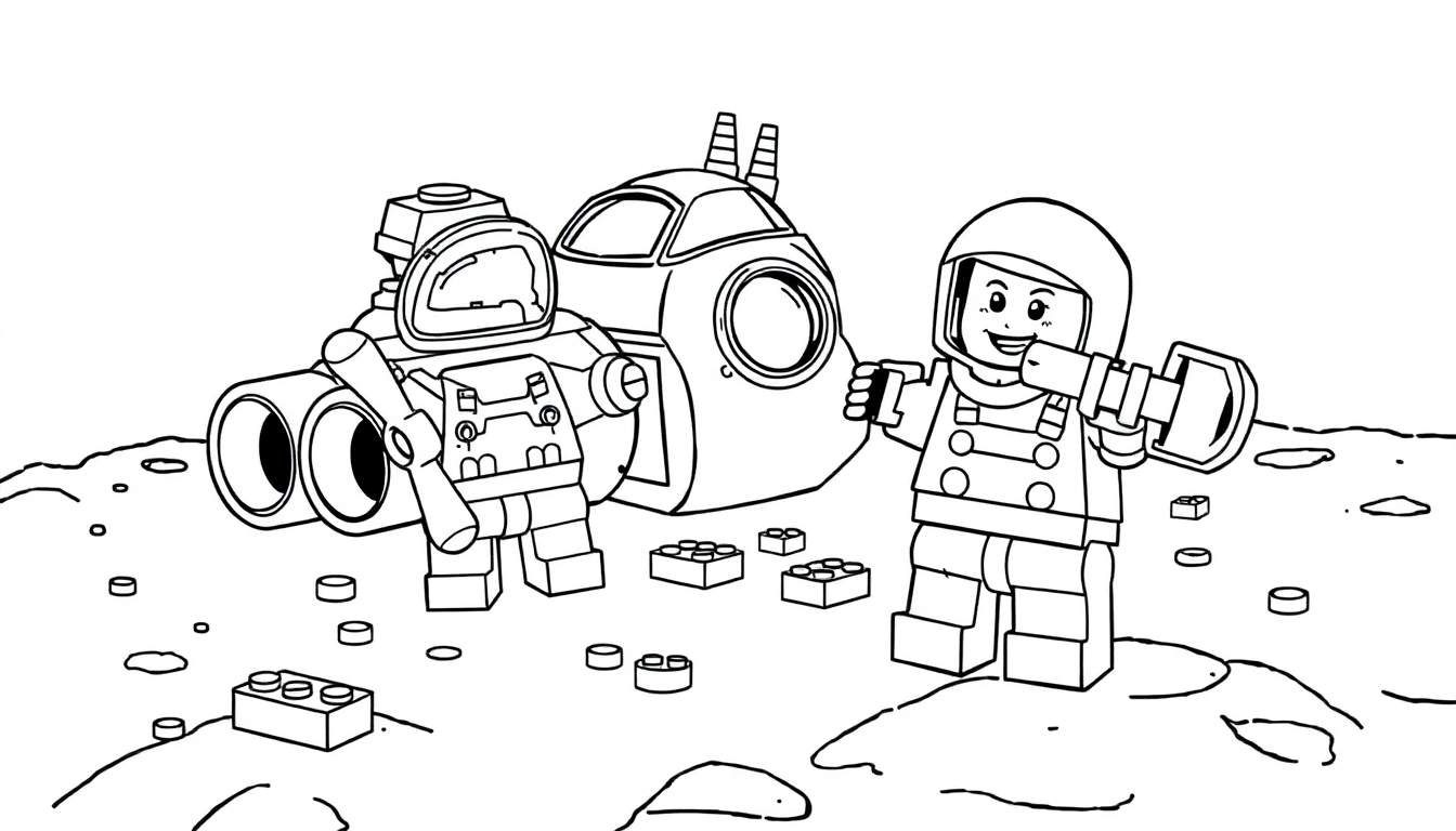 A happy Lego astronaut on the moon holding a camera, with a spaceship and another astronaut nearby, ready for coloring in this color panel.