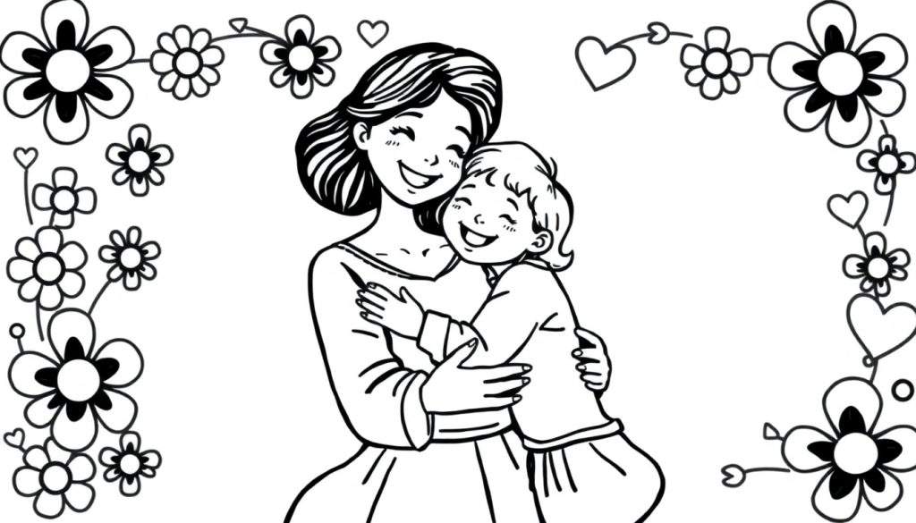 A heartwarming Mother's Day coloring page showing a mother hugging her children, with flowers and hearts around them. It's black and white, ready for coloring.