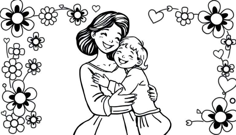A heartwarming Mother's Day coloring page showing a mother hugging her children, with flowers and hearts around them. It's black and white, ready for coloring.
