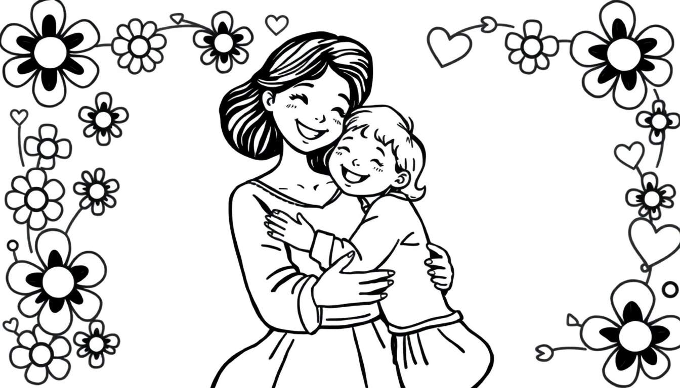A heartwarming Mother's Day coloring page showing a mother hugging her children, with flowers and hearts around them. It's black and white, ready for coloring.