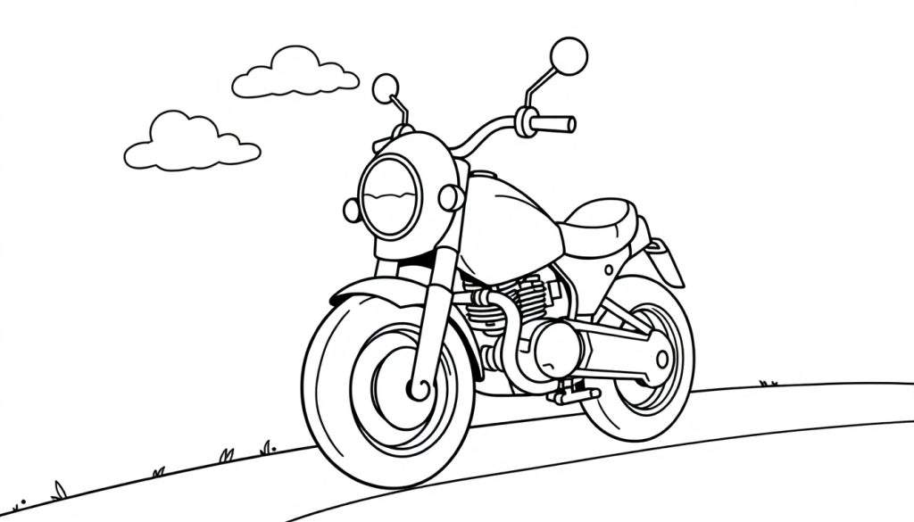A cute cartoon motorbike, perfect for a color panel. Black and white line art.