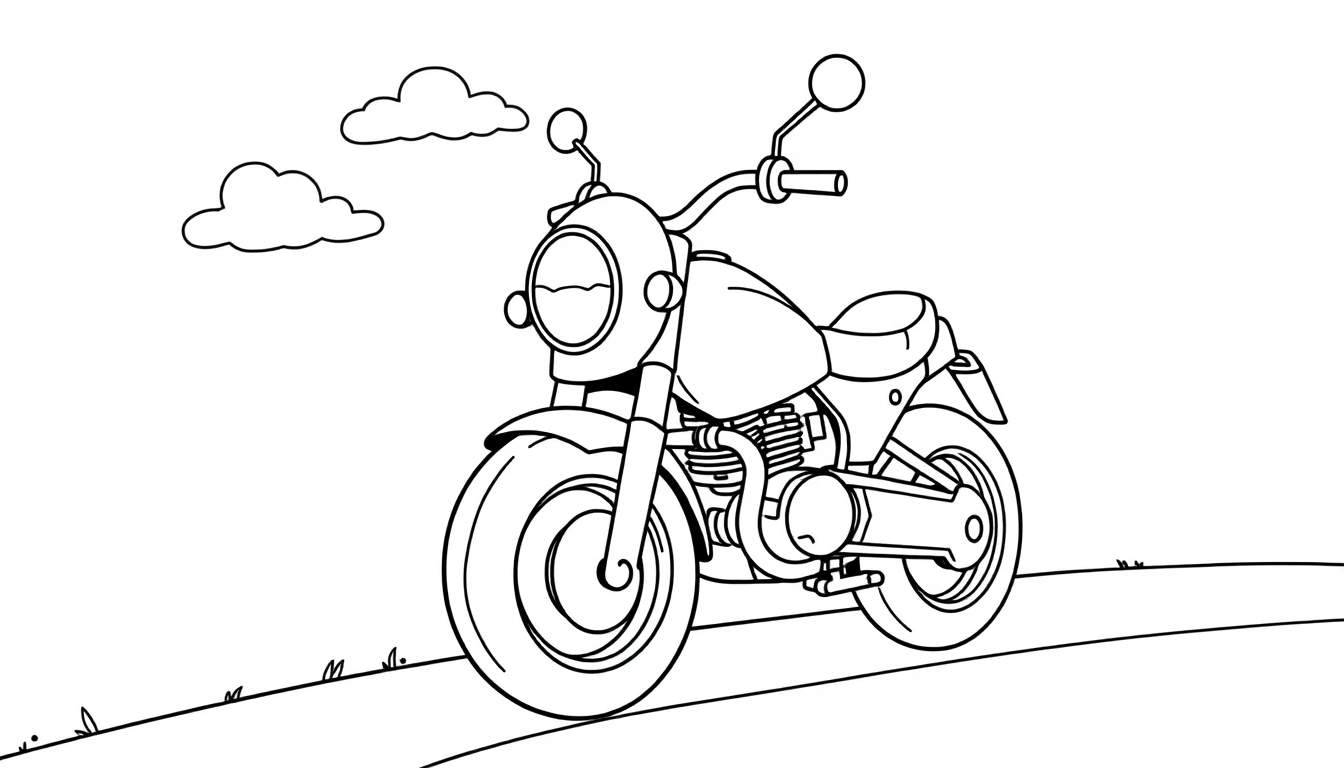 A cute cartoon motorbike, perfect for a color panel. Black and white line art.