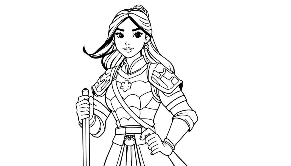 Mulan warrior color panel in armor holding a staff.