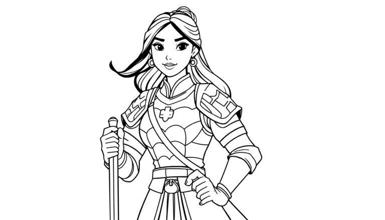 Mulan warrior color panel in armor holding a staff.