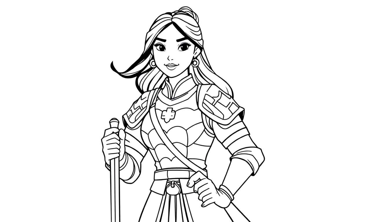 Mulan warrior color panel in armor holding a staff.