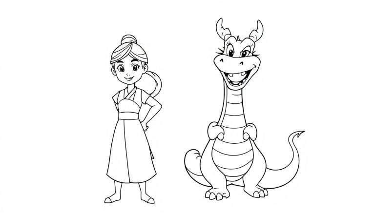 A girl and a friendly dragon, ready for adventure, in a black and white color panel.