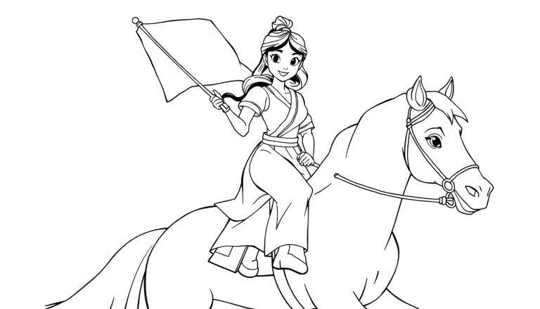 A brave Mulan on her horse, holding a flag, in a black and white color panel drawing.