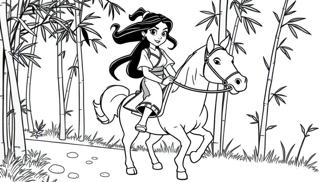 Mulan on horseback in a bamboo forest, a black and white coloring page.