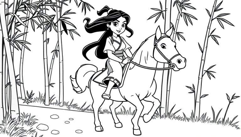 Mulan on horseback in a bamboo forest, a black and white coloring page.