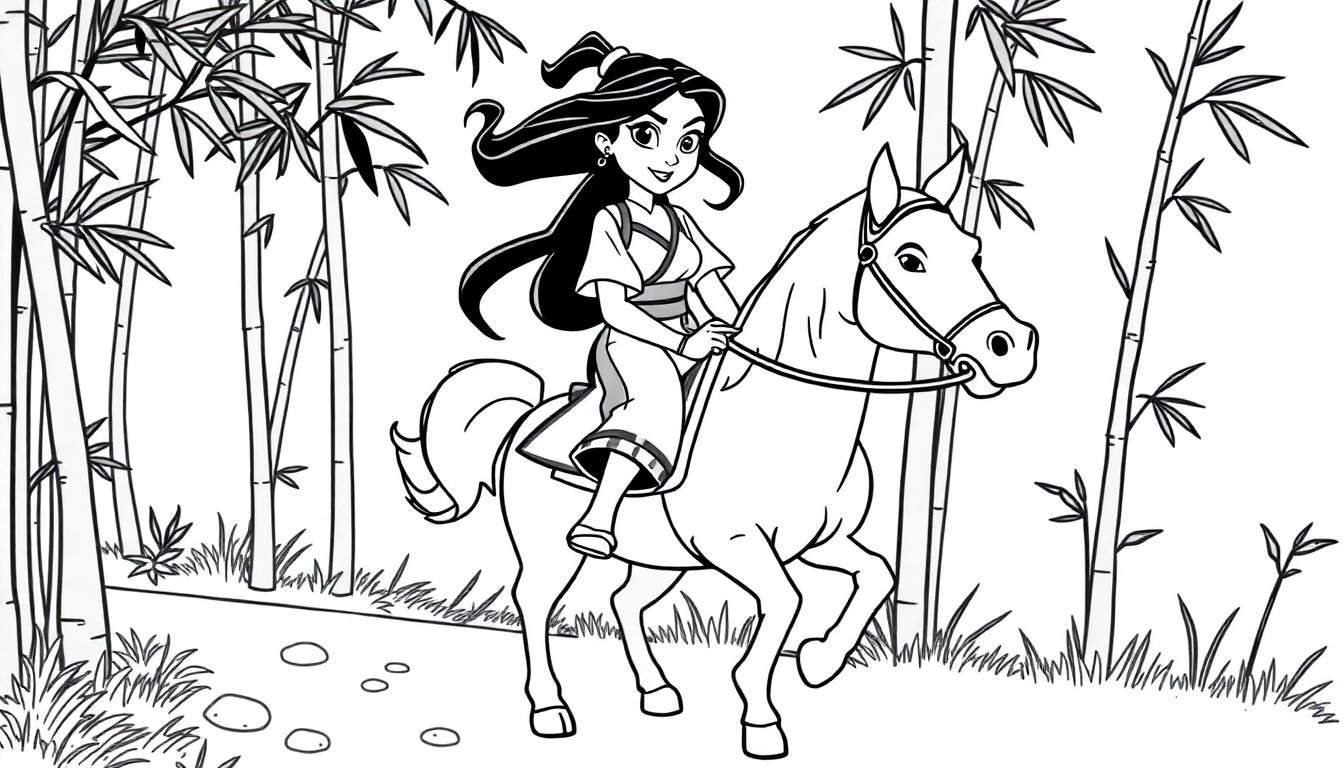 Mulan on horseback in a bamboo forest, a black and white coloring page.