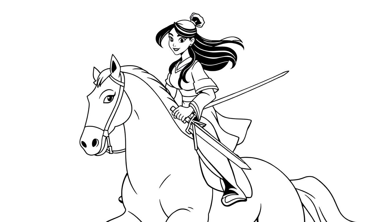 A black and white coloring page of Mulan on horseback, ready for adventure in this color panel. Her sword is sheathed, and she has a determined smile.