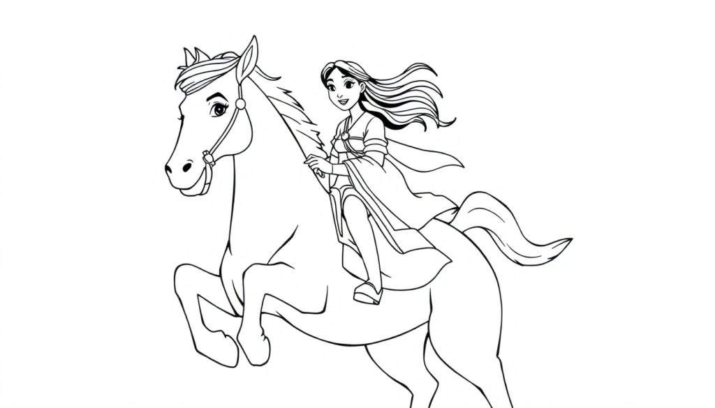 Mulan the warrior on her horse, a black and white color panel.