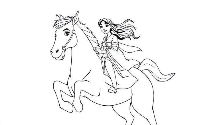 Mulan the warrior on her horse, a black and white color panel.