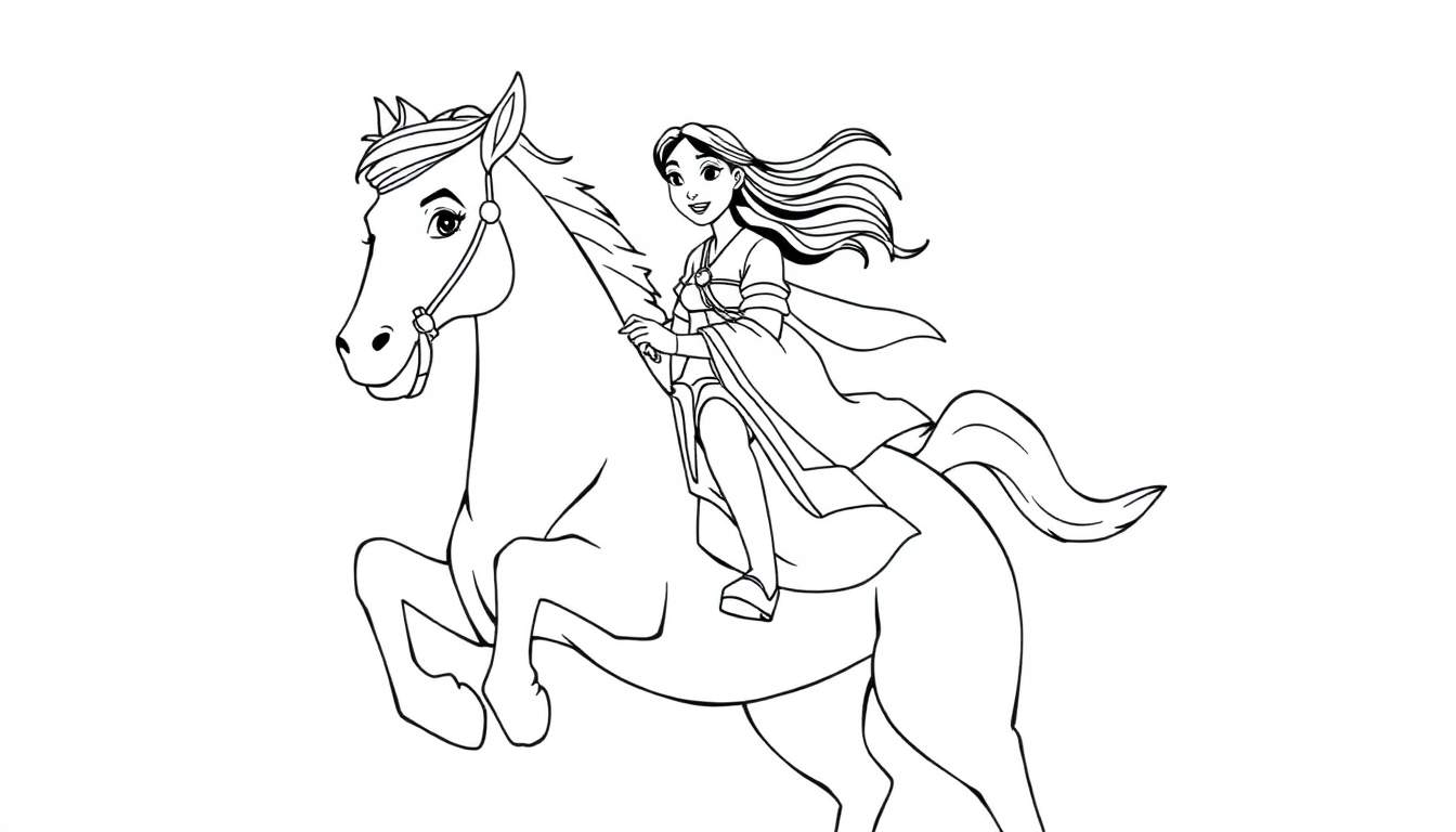 Mulan the warrior on her horse, a black and white color panel.