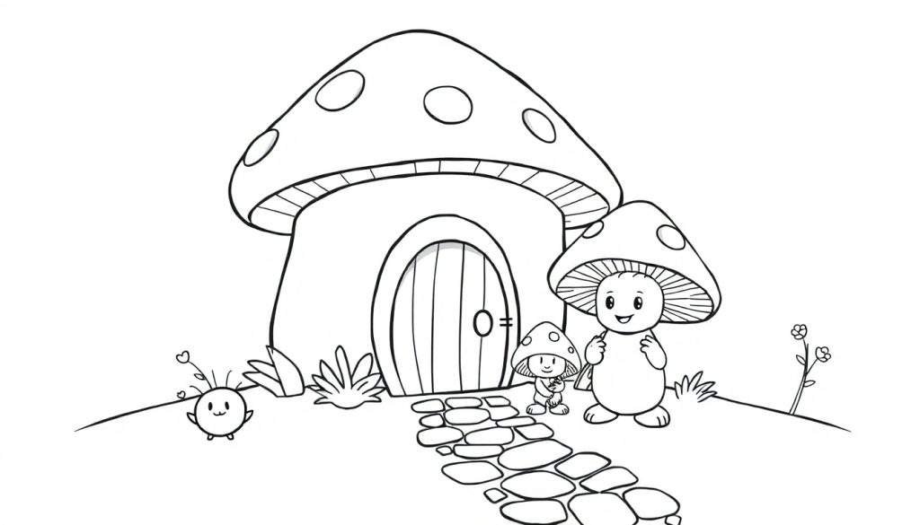 A black and white cartoon drawing of a whimsical mushroom house with a mushroom family outside, ready for coloring. This color panel shows a happy scene.