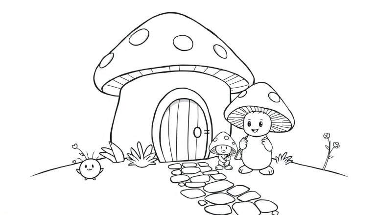 A black and white cartoon drawing of a whimsical mushroom house with a mushroom family outside, ready for coloring. This color panel shows a happy scene.