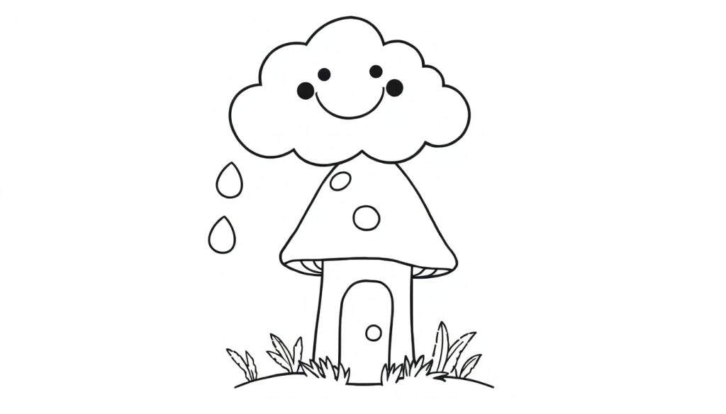 A black and white coloring page of a happy cloud raining on a mushroom house, featuring a color panel.