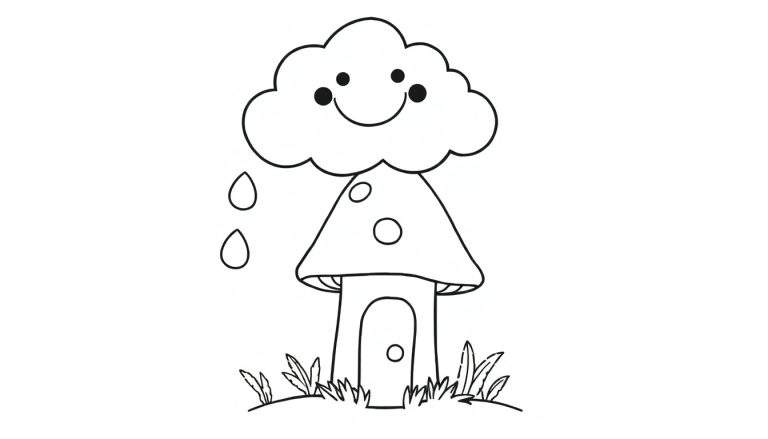 A black and white coloring page of a happy cloud raining on a mushroom house, featuring a color panel.