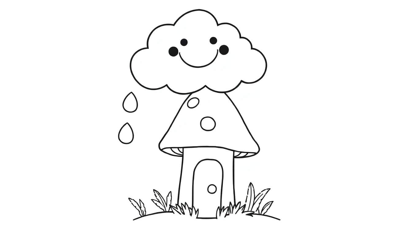 A black and white coloring page of a happy cloud raining on a mushroom house, featuring a color panel.