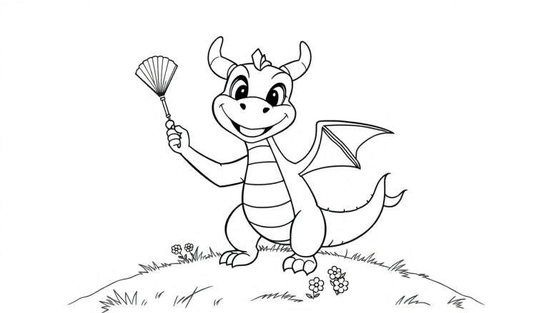 A black and white cartoon drawing of a cheerful dragon, ready for coloring, holding a hand fan, on a grassy mound with flowers.