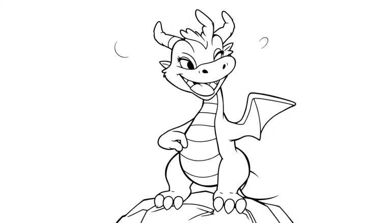 A friendly black and white cartoon dragon with a big smile, ready for adventure on a color panel.