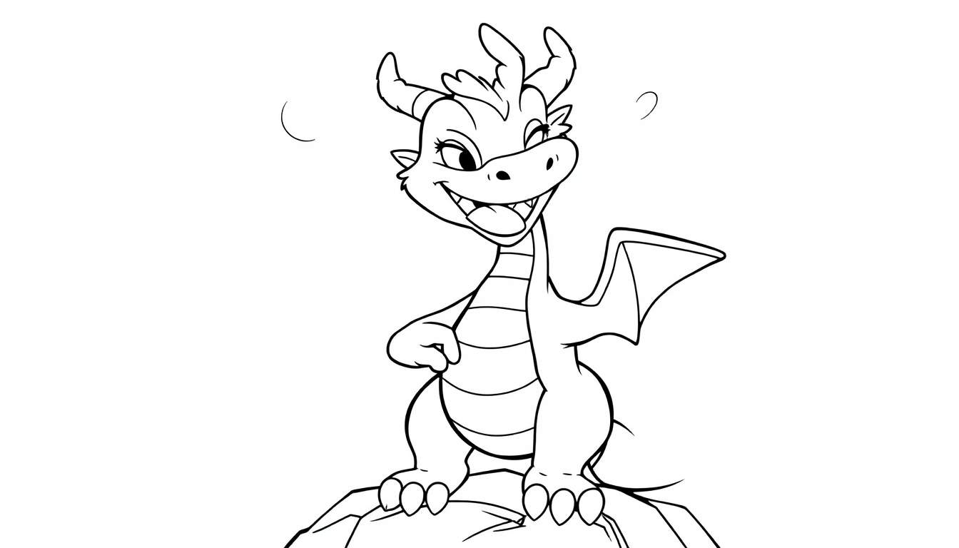 A friendly black and white cartoon dragon with a big smile, ready for adventure on a color panel.