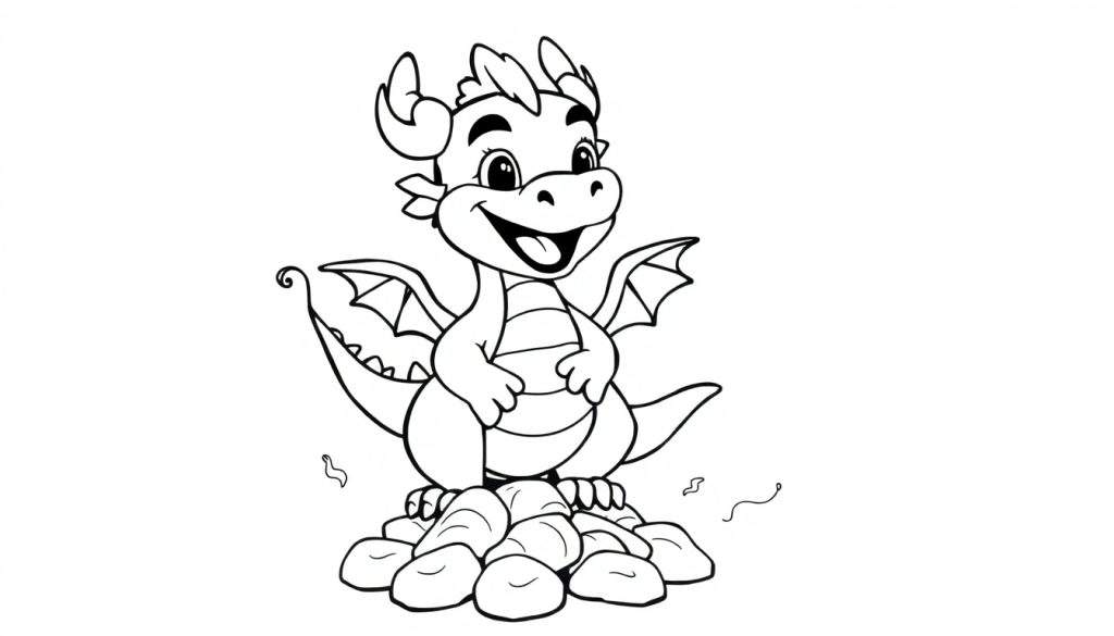 A cute black and white cartoon dragon from a color panel, standing on rocks.