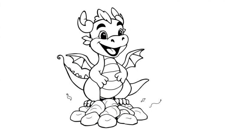 A cute black and white cartoon dragon from a color panel, standing on rocks.